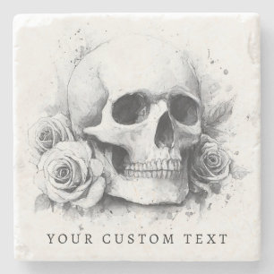 Skull with roses watercolor painting stone coaster