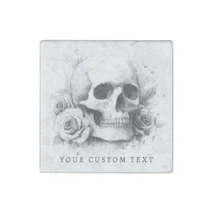 Skull with roses watercolor painting stone magnet