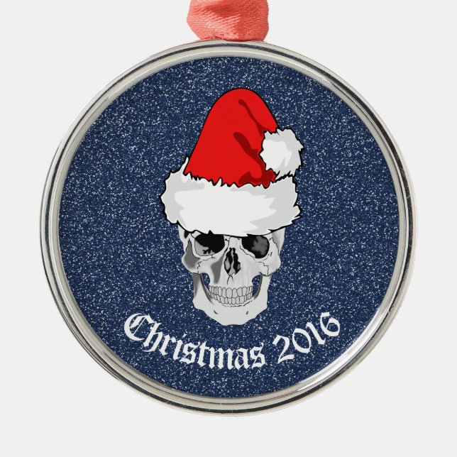 Skull with Santa hat "Christmas 20xx" Metal Ornament (Front)