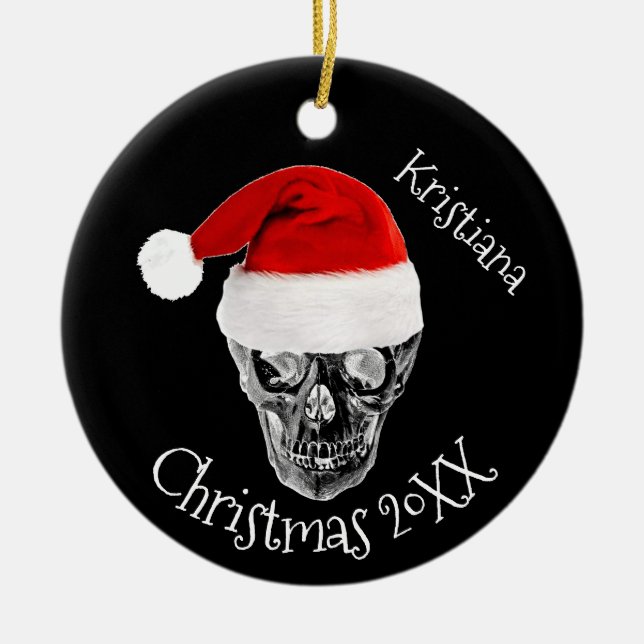 Skull with Santa Hat Christmas Ceramic Ornament (Front)