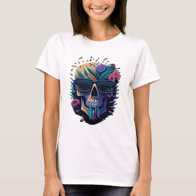 Skull with Sunglasses and Flowers T-Shirt (Front)