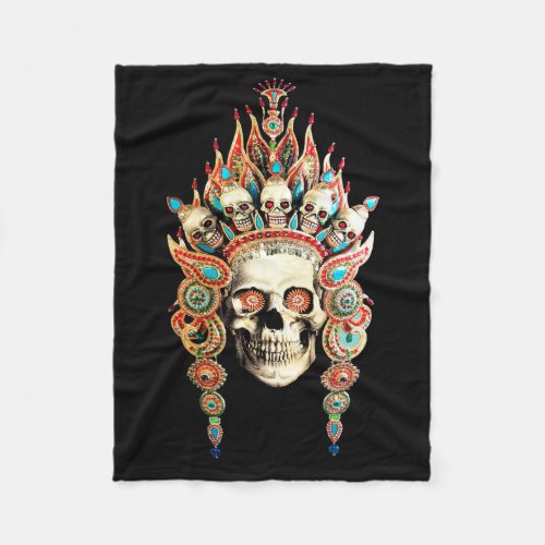 Skull with Tibetan Headdress Fleece Blanket