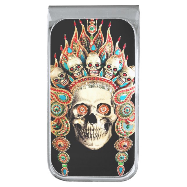 Skull with Tibetan Headdress Silver Finish Money Clip (Front Vertical)