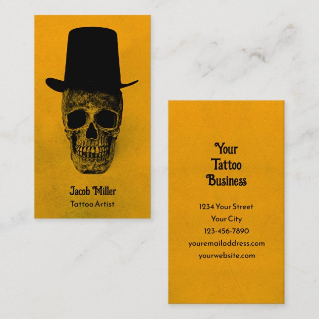 Skull With Top Hat Gothic Yellow Black Grunge Business Card (Front/Back)