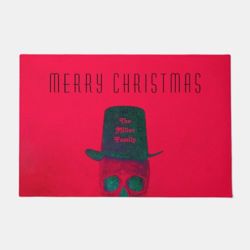 Skull With Top Hat Red Green Christmas Halloween Doormat