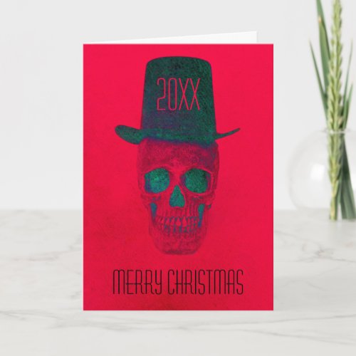 Skull With Top Hat Red Green Halloween Christmas Card