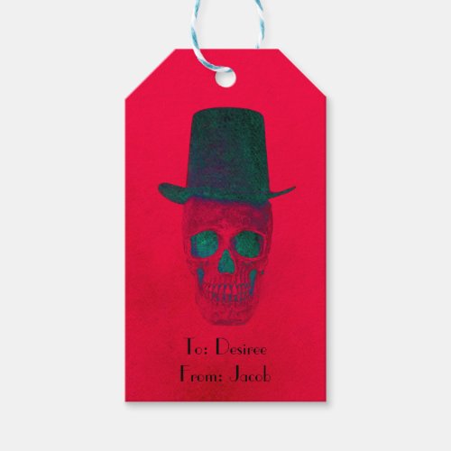 Skull With Top Hat Red Green Halloween Christmas Gift Tags