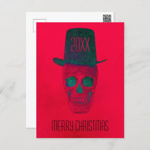 Skull With Top Hat Red Green Halloween Christmas Holiday Postcard