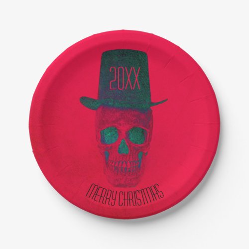 Skull With Top Hat Red Green Halloween Christmas Paper Plates