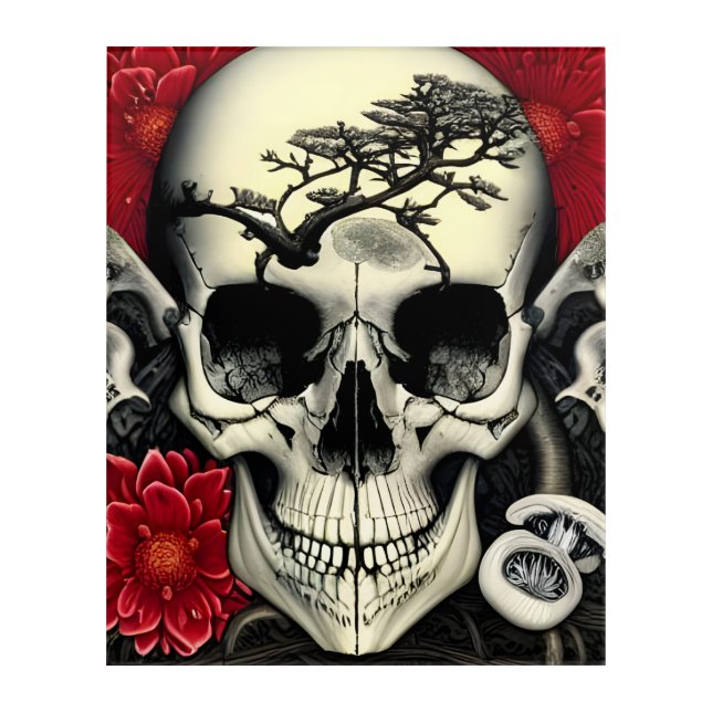 Skull with Tree, Flowers, and Mushrooms Acrylic Print (Front)