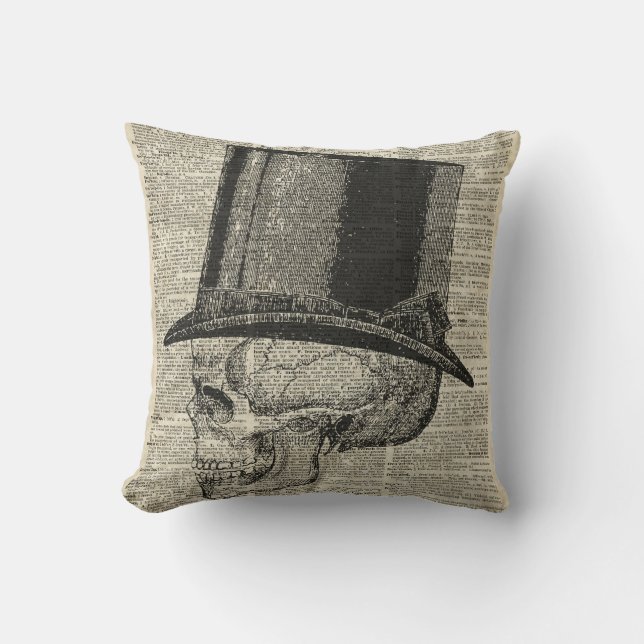 Skull with victorian hat stencil over old book pag throw pillow (Front)