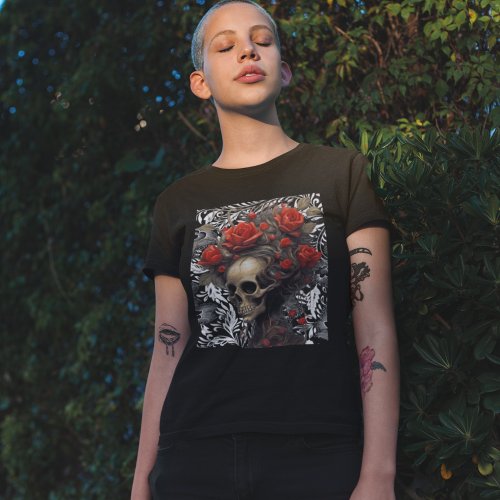 Skull With Wild Hair Roses In Vintage Leaves T_Shirt
