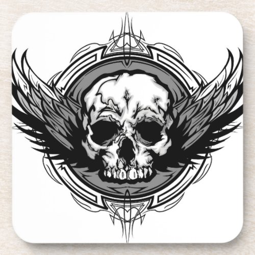 Skull With Wings And Tribal Outline Ornate Beverage Coaster