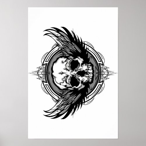 Skull With Wings And Tribal Outline Ornate Poster