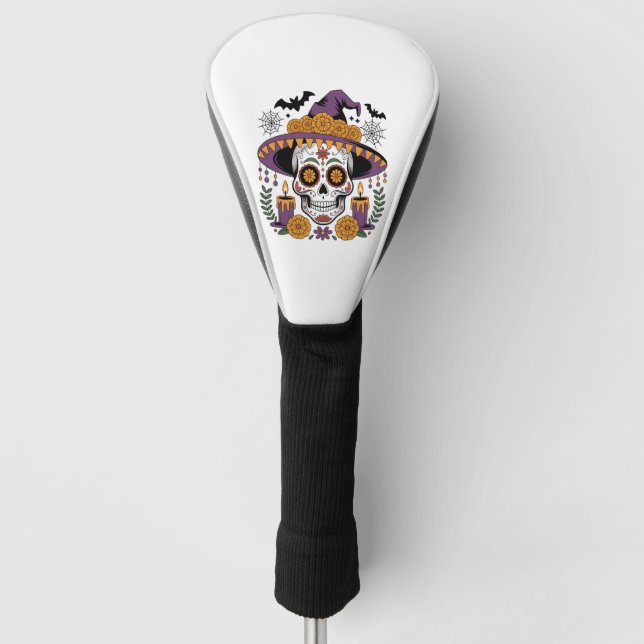 Skull with Witch Hat Halloween Vector Golf Head Cover (Front)