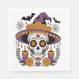 Skull with Witch Hat Halloween Vector Napkins