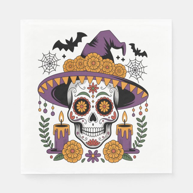 Skull with Witch Hat Halloween Vector Napkins (Front)