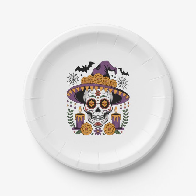 Skull with Witch Hat Halloween Vector Paper Plates (Front)