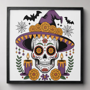 Skull with Witch Hat Halloween Vector Peel And Stick Photo Tile