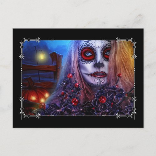 Skull Woman and Black Holly Postcard