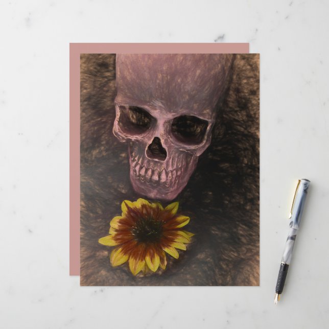 Skull Yellow Sunflower Gothic Vintage Sepia Sketch (Front/Back In Situ)