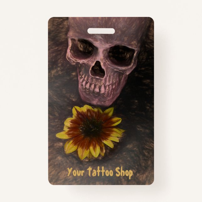 Skull Yellow Sunflower Gothic Vintage Sepia Sketch Badge (Front)