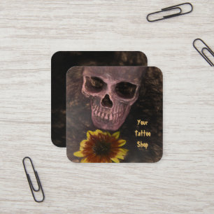 Skull Yellow Sunflower Gothic Vintage Sepia Sketch Square Business Card