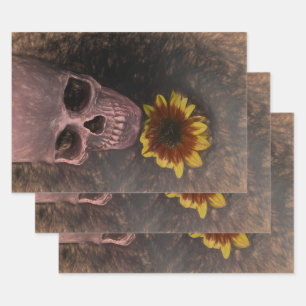 Skull Yellow Sunflower Gothic Vintage Sepia Sketch Wrapping Paper Sheets