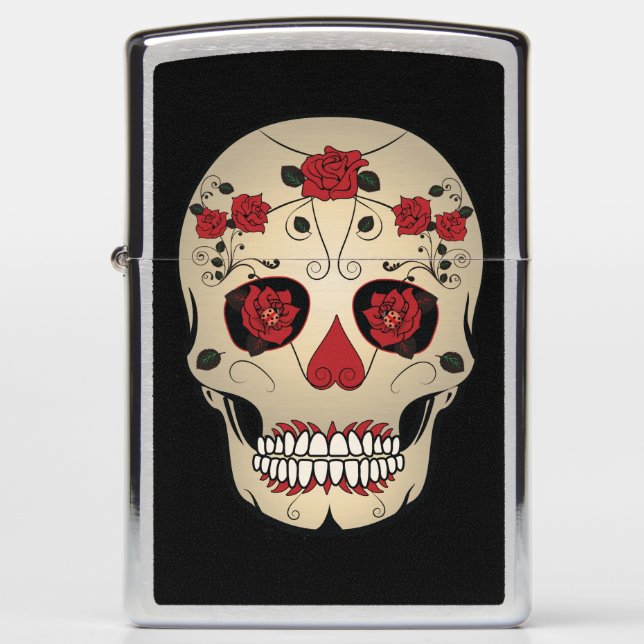 Skull Zippo Lighter - Skulls & Roses Art (Front)