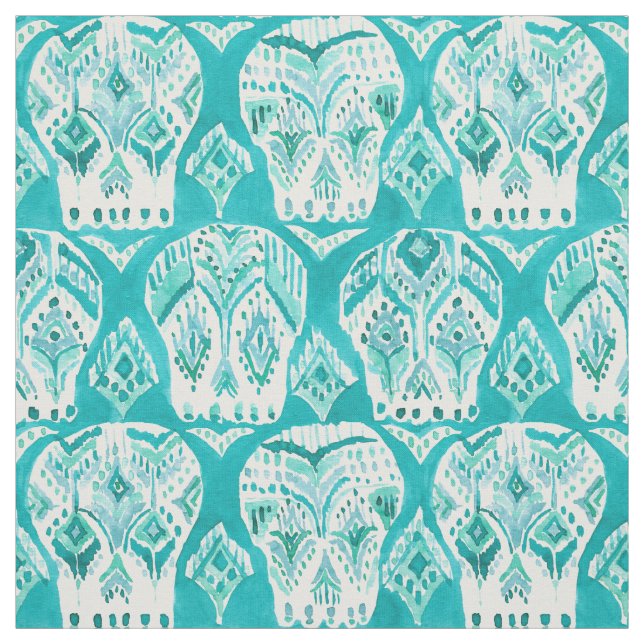 SKULLAGOG Aqua Boho Chic Ikat Skull Pattern Fabric (Swatch)