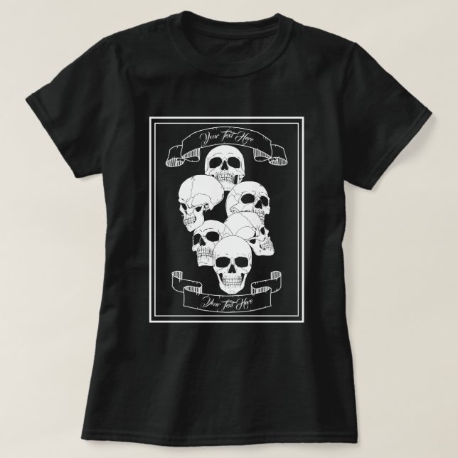 Skulls and Banners with Customizable Text Black T-Shirt (Design Front)