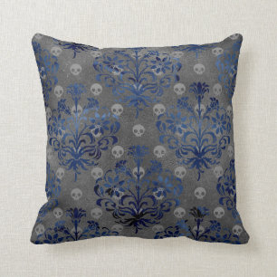 Skulls and Blue Damask on Grey Throw Pillow
