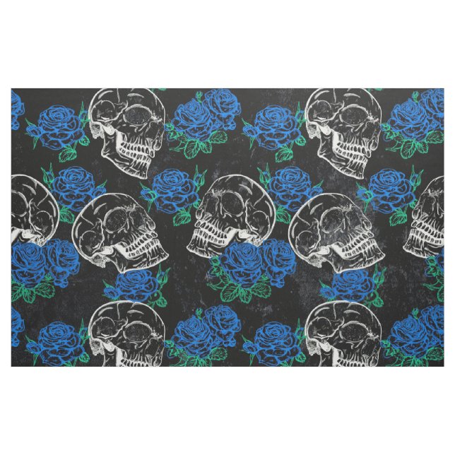 Skulls and Blue Roses | Cool Funky Dark Grunge Fabric (Yard)