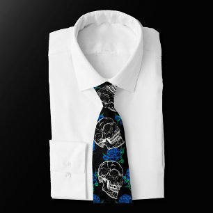 Skulls and Blue Roses Cool Funky Dark Grunge Neck Tie