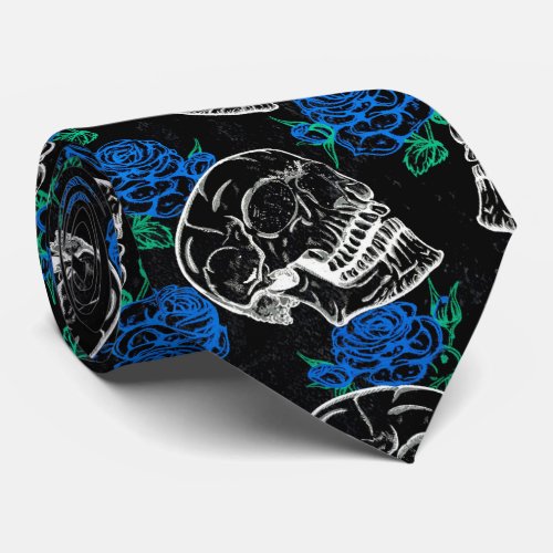 Skulls and Blue Roses  Cool Funky Dark Grunge Neck Tie
