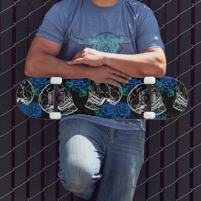 Skulls and Blue Roses | Cool Funky Dark Grunge Skateboard (Outdoor 3)