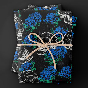 Skulls and Blue Roses   Cool Funky Dark Grunge Wrapping Paper Sheets