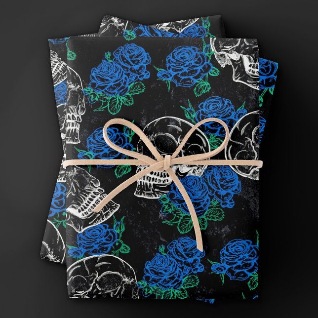 Skulls and Blue Roses | Cool Funky Dark Grunge Wrapping Paper Sheets (Creator Uploaded)