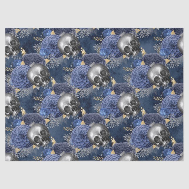 Skulls and Blue Roses on Blue Decoupage Tissue Paper (Front)