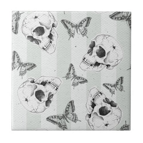 Skulls and butterflies ceramic tile