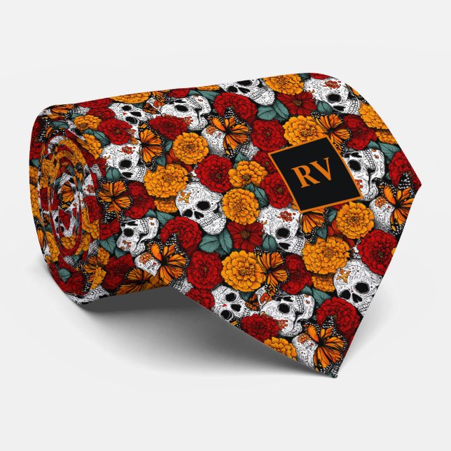 Skulls and Butterflies with Marigolds Neck Tie (Rolled)