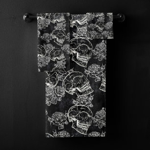 Skulls and Chalk Roses Funky Gothic Glam Grunge Bath Towel Set