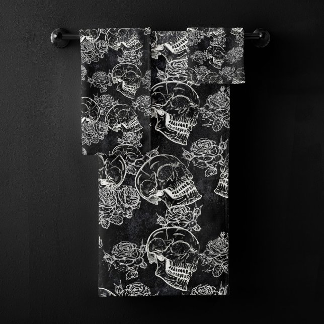 Skulls and Chalk Roses | Funky Gothic Glam Grunge Bath Towel Set (Creator Uploaded)