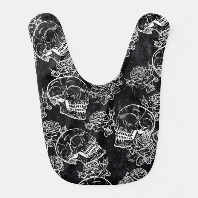 Skulls and Chalk Roses | Gothic Glam Funky Grunge Baby Bib (Front)