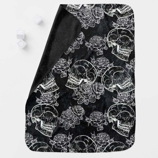 Skulls and Chalk Roses | Gothic Glam Funky Grunge Baby Blanket (In Situ)
