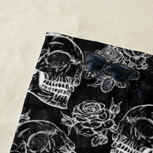 Skulls and Chalk Roses  Gothic Glam Funky Grunge Beach Towel