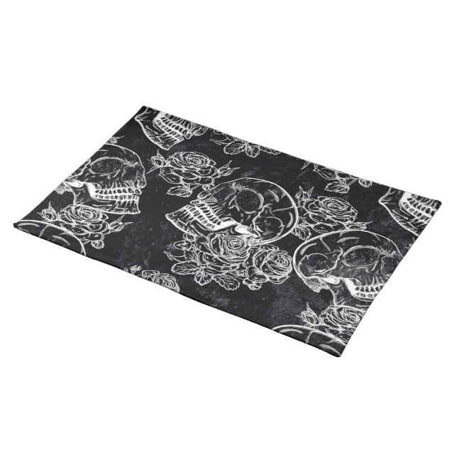 Skulls and Chalk Roses | Gothic Glam Funky Grunge Cloth Placemat (On Table)