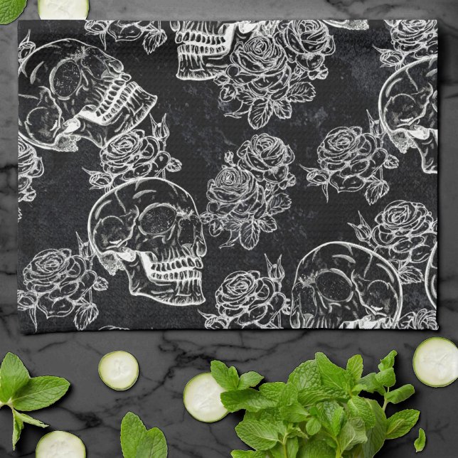 Skulls and Chalk Roses | Gothic Glam Funky Grunge Kitchen Towel (Creator Uploaded)