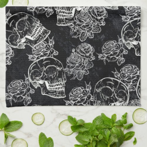 Skulls and Chalk Roses  Gothic Glam Funky Grunge Kitchen Towel
