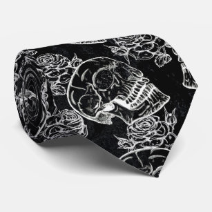 Skulls and Chalk Roses   Gothic Glam Funky Grunge Neck Tie